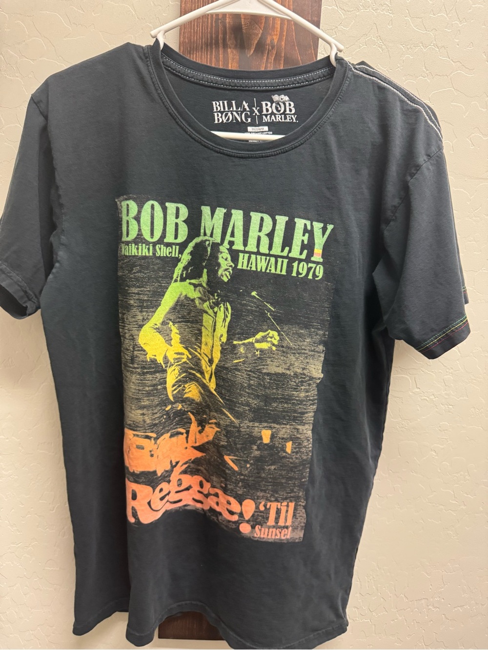 Billabong Black Bob Marley Graphic Tee with Green & Orange Print